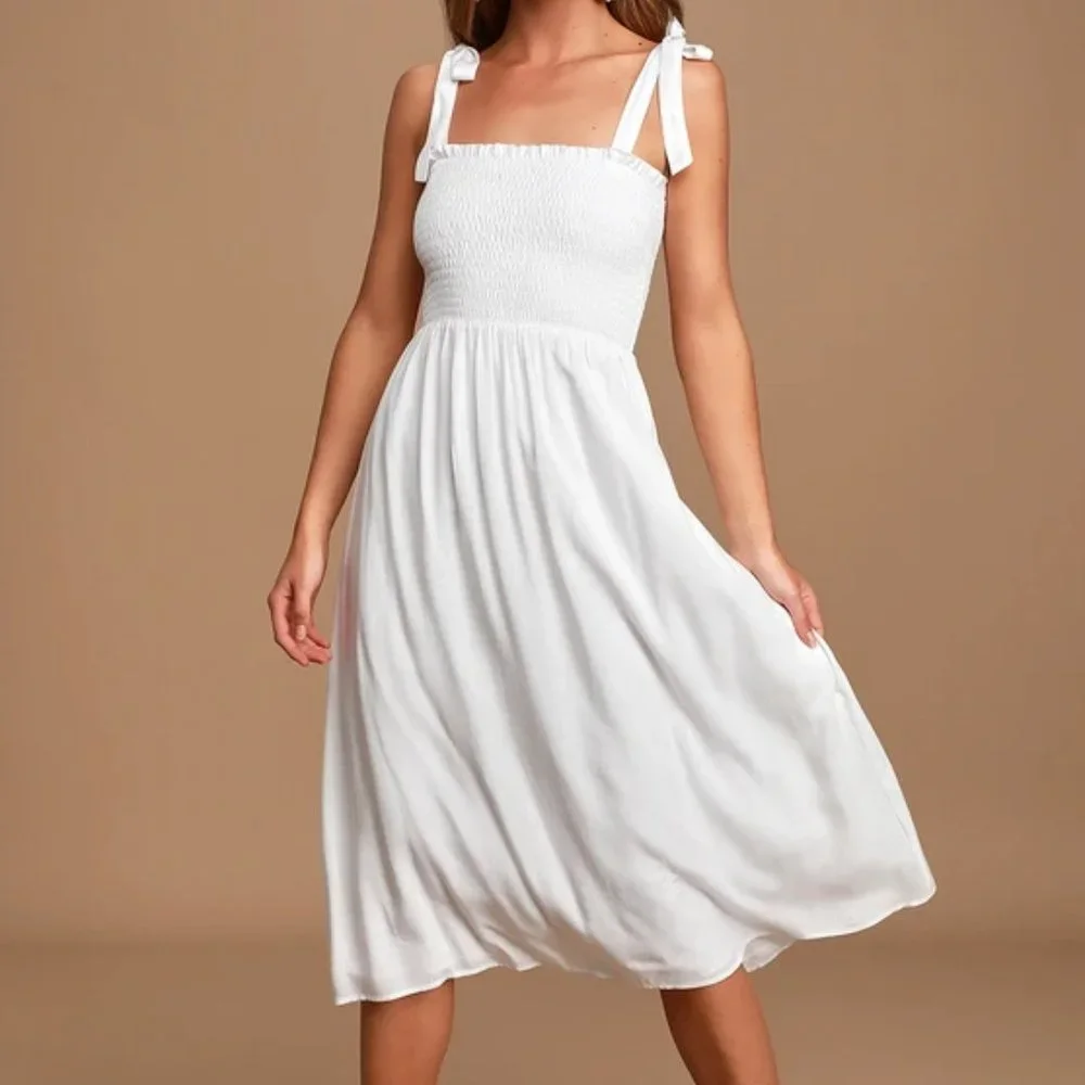Lulus | Dresses | Lulus Looking Up White Smocked Tiestrap Midi Dress |  Poshmark